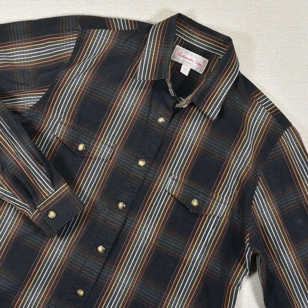 Panhandle Slim Western Shirt Women’s Pearl Snap Black Brown Plaid Rodeo Small